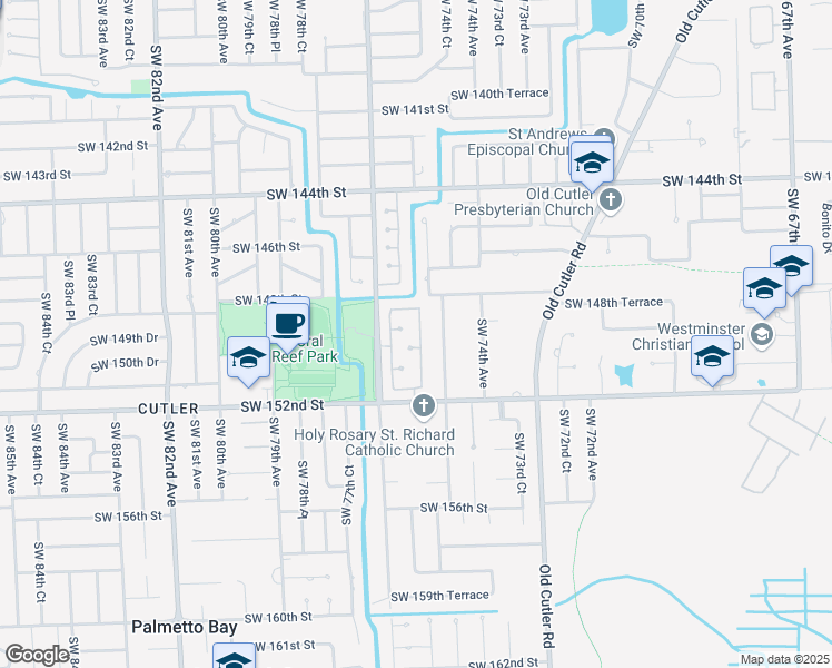 map of restaurants, bars, coffee shops, grocery stores, and more near 14910 Southwest 75th Court in Palmetto Bay
