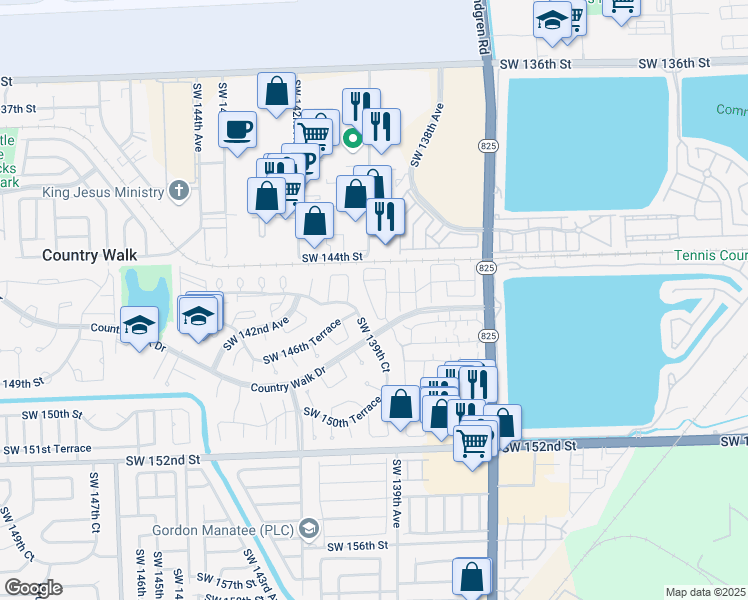 map of restaurants, bars, coffee shops, grocery stores, and more near 14505 SouthWest 139th Ave Cir W in Miami