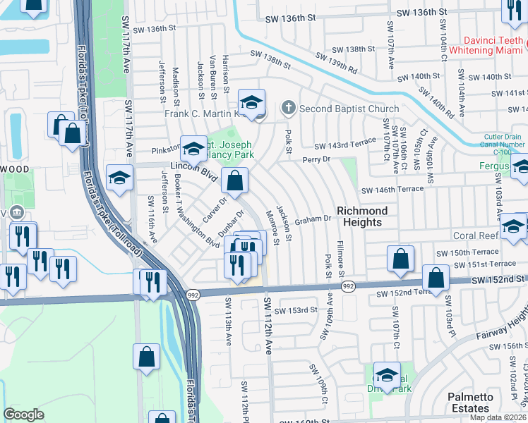 map of restaurants, bars, coffee shops, grocery stores, and more near 14700 Monroe Street in Miami