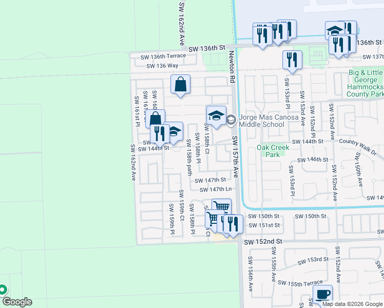 map of restaurants, bars, coffee shops, grocery stores, and more near 14455 Southwest 158th path in Miami