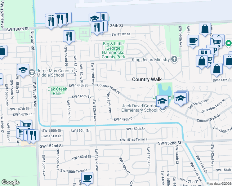 map of restaurants, bars, coffee shops, grocery stores, and more near 14925 Southwest 145th Street in Miami