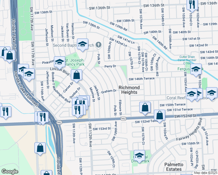 map of restaurants, bars, coffee shops, grocery stores, and more near 14761 Tyler Street in Miami