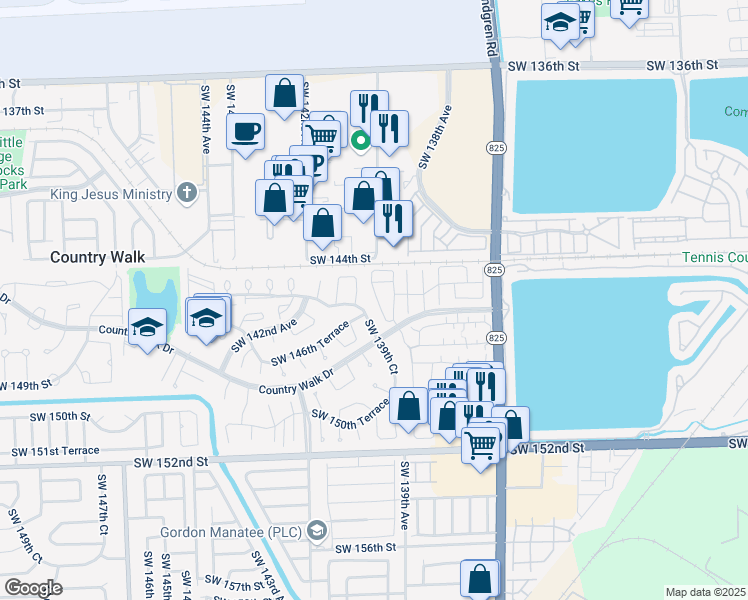 map of restaurants, bars, coffee shops, grocery stores, and more near 14505 Southwest 139th Avenue Circle West in Miami
