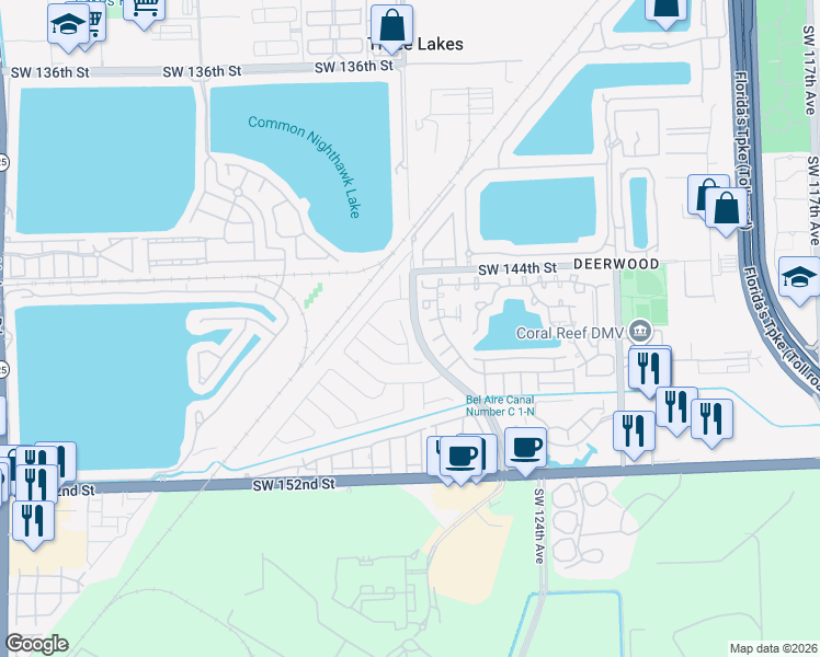 map of restaurants, bars, coffee shops, grocery stores, and more near 14625 Southwest 127th Court in Miami