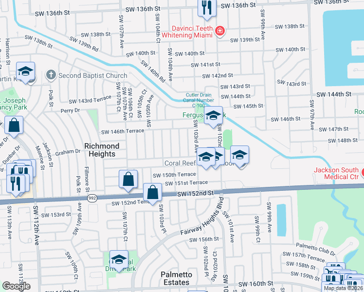 map of restaurants, bars, coffee shops, grocery stores, and more near 14800 Southwest 103rd Court in Miami