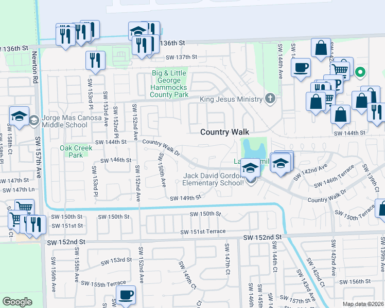 map of restaurants, bars, coffee shops, grocery stores, and more near 14510 SW 148th Ct in Miami