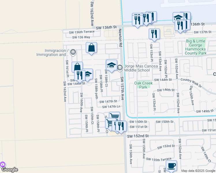 map of restaurants, bars, coffee shops, grocery stores, and more near 14451 Southwest 158th Court in Miami
