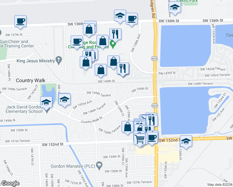 map of restaurants, bars, coffee shops, grocery stores, and more near 14482 Southwest 139th Avenue Circle West in Miami