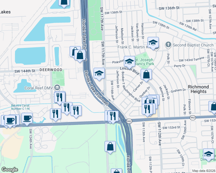 map of restaurants, bars, coffee shops, grocery stores, and more near 14709 Southwest 117th Avenue in Miami