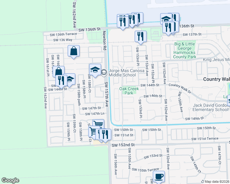 map of restaurants, bars, coffee shops, grocery stores, and more near 14461 Southwest 156th Avenue in Miami