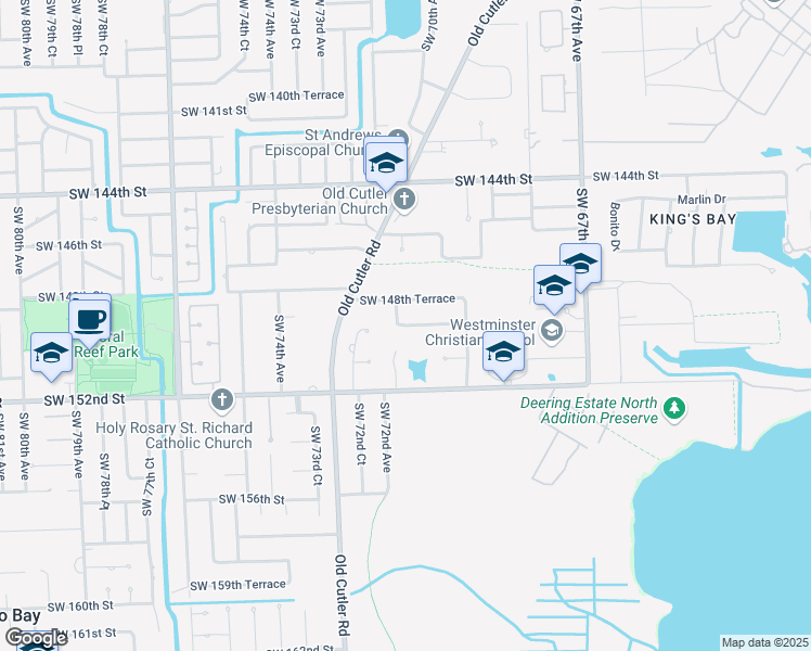 map of restaurants, bars, coffee shops, grocery stores, and more near 7405 Southwest 149th Terrace in Palmetto Bay