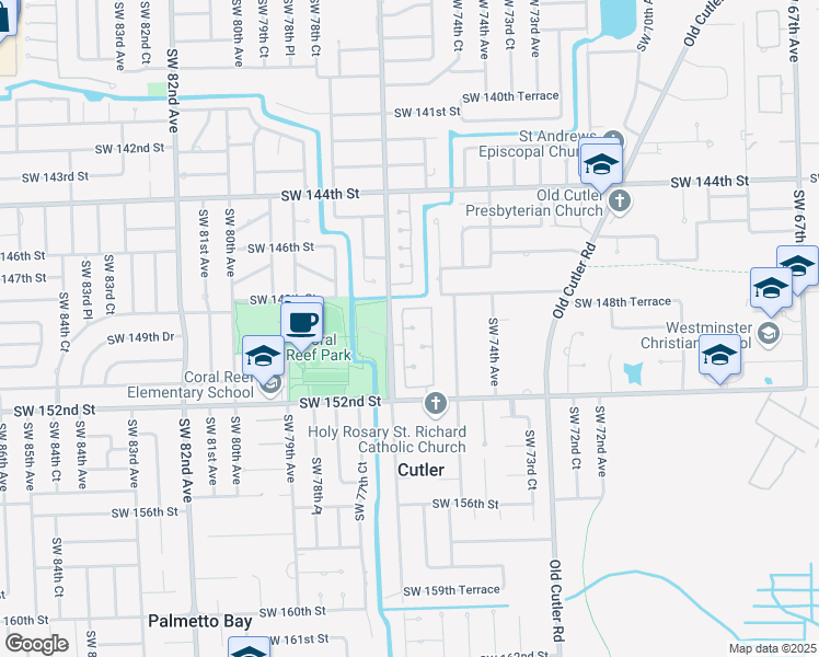map of restaurants, bars, coffee shops, grocery stores, and more near 14910 Southwest 75th Court in Palmetto Bay