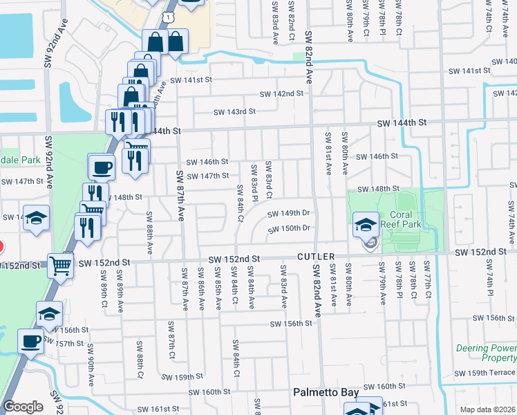 map of restaurants, bars, coffee shops, grocery stores, and more near 8360 Southwest 148th Drive in Palmetto Bay