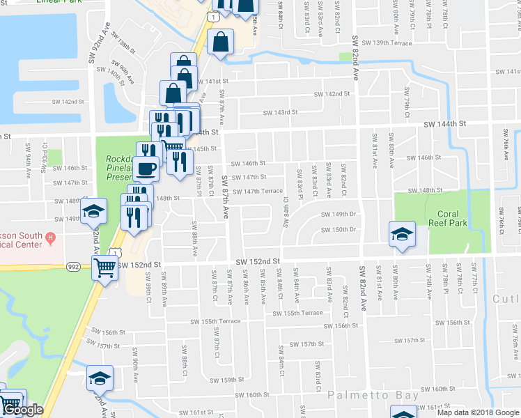 map of restaurants, bars, coffee shops, grocery stores, and more near 8502 Southwest 148th Terrace in Palmetto Bay
