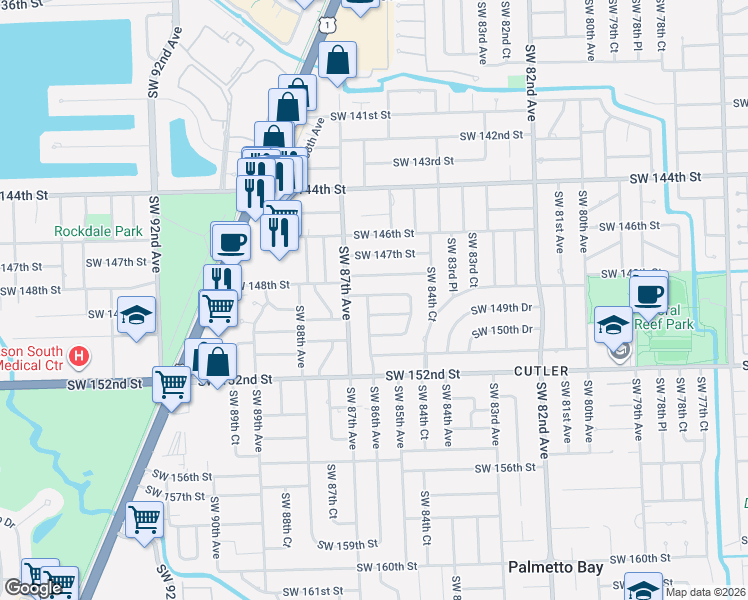 map of restaurants, bars, coffee shops, grocery stores, and more near 8562 Southwest 148th Terrace in Palmetto Bay