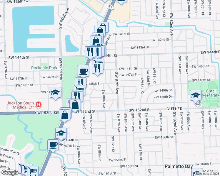 map of restaurants, bars, coffee shops, grocery stores, and more near 14855 Southwest 88th Avenue in Palmetto Bay