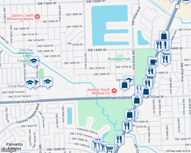 map of restaurants, bars, coffee shops, grocery stores, and more near 14800 Southwest 95th Court in Miami