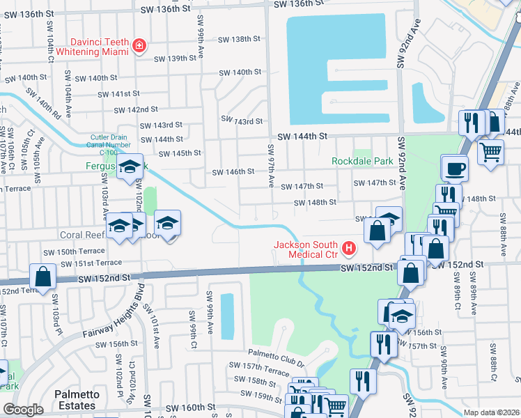 map of restaurants, bars, coffee shops, grocery stores, and more near 14805 Southwest 97th Court in Miami