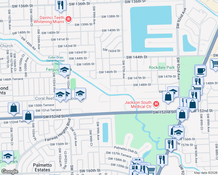 map of restaurants, bars, coffee shops, grocery stores, and more near 9760 Southwest 148th Street in Miami