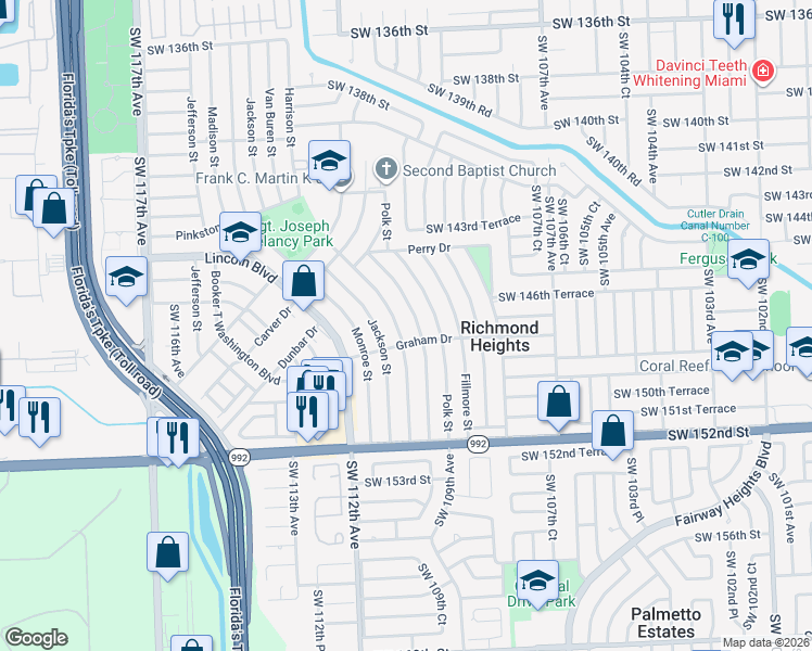 map of restaurants, bars, coffee shops, grocery stores, and more near 14720 Harrison Street in Miami