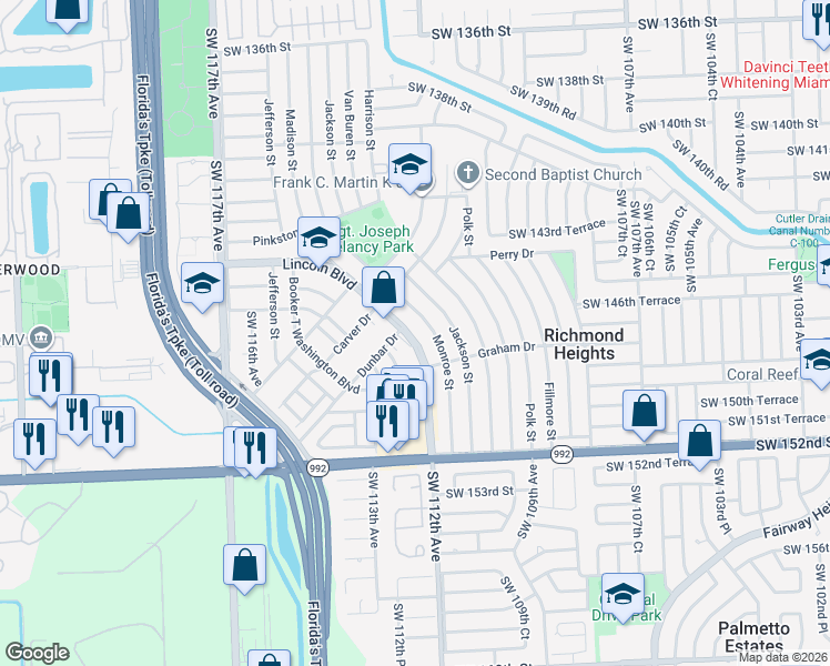 map of restaurants, bars, coffee shops, grocery stores, and more near 14700 Monroe Street in Miami
