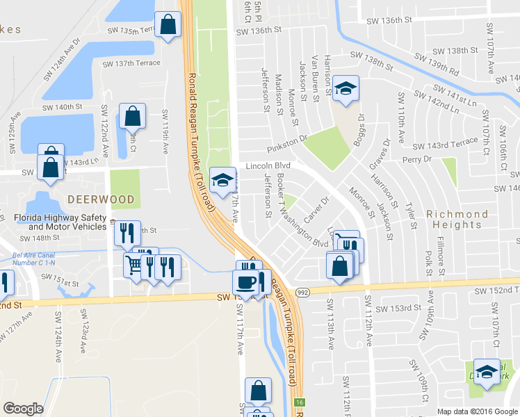 map of restaurants, bars, coffee shops, grocery stores, and more near 14716 Jefferson Street in Miami