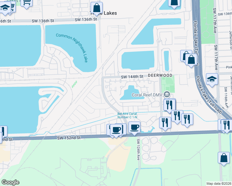 map of restaurants, bars, coffee shops, grocery stores, and more near 14621 Southwest 126th Place in Miami