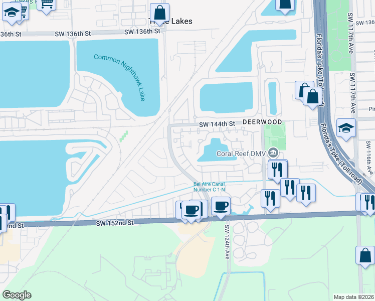 map of restaurants, bars, coffee shops, grocery stores, and more near 14621 Southwest 126th Place in Miami