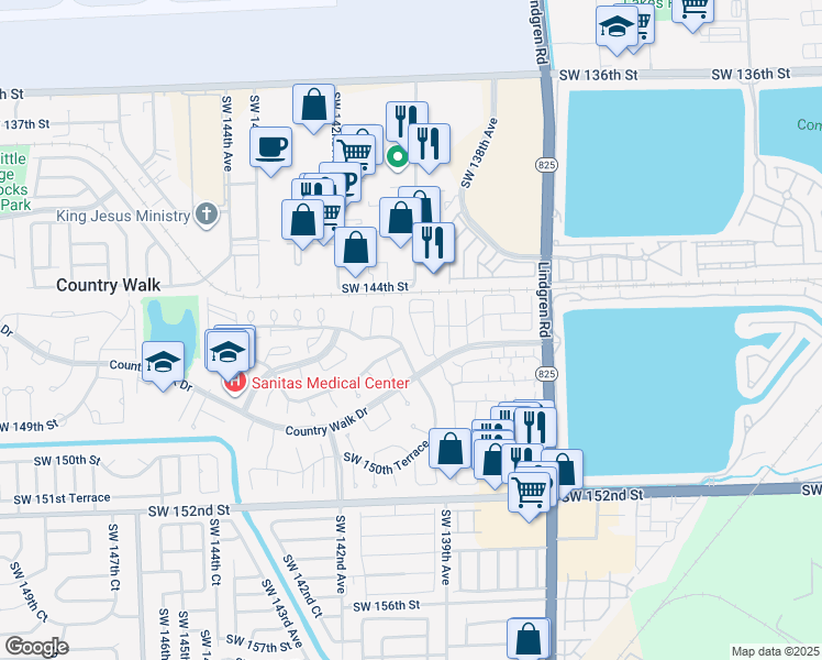 map of restaurants, bars, coffee shops, grocery stores, and more near 14505 Southwest 139th Avenue Circle West in Miami