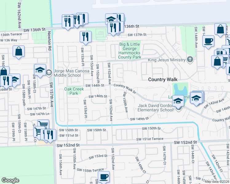 map of restaurants, bars, coffee shops, grocery stores, and more near 15140 Southwest 145th Street in Miami
