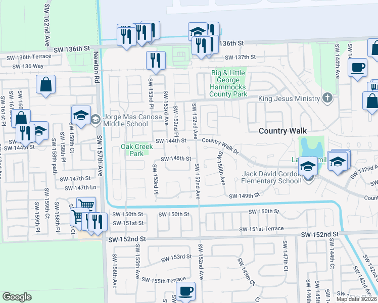 map of restaurants, bars, coffee shops, grocery stores, and more near 14553 Southwest 152nd Place in Miami