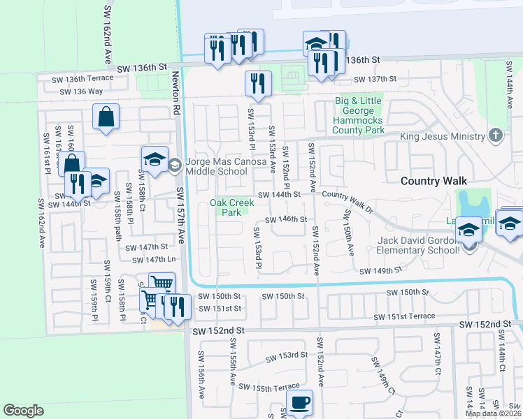 map of restaurants, bars, coffee shops, grocery stores, and more near 15328 Southwest 144th Terrace in Miami