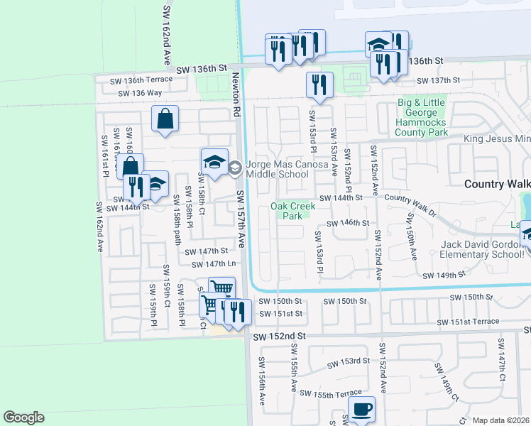 map of restaurants, bars, coffee shops, grocery stores, and more near 14460 Southwest 156th Avenue in Miami