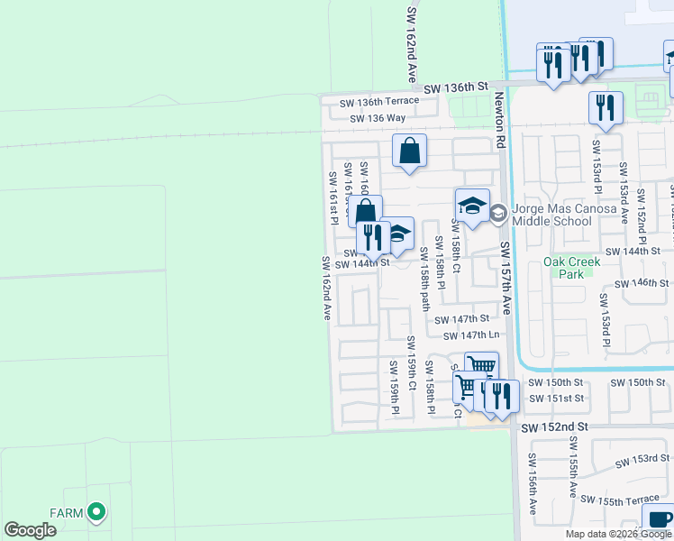 map of restaurants, bars, coffee shops, grocery stores, and more near 16151 Southwest 144th Terrace in Miami