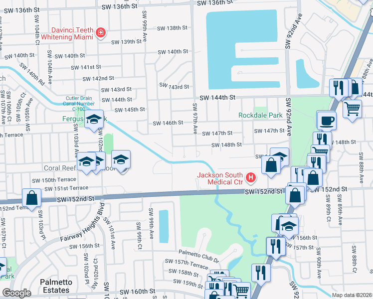map of restaurants, bars, coffee shops, grocery stores, and more near 14805 Southwest 97th Court in Miami