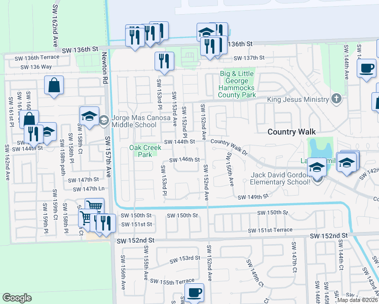 map of restaurants, bars, coffee shops, grocery stores, and more near 14553 SW 152nd Pl in Miami