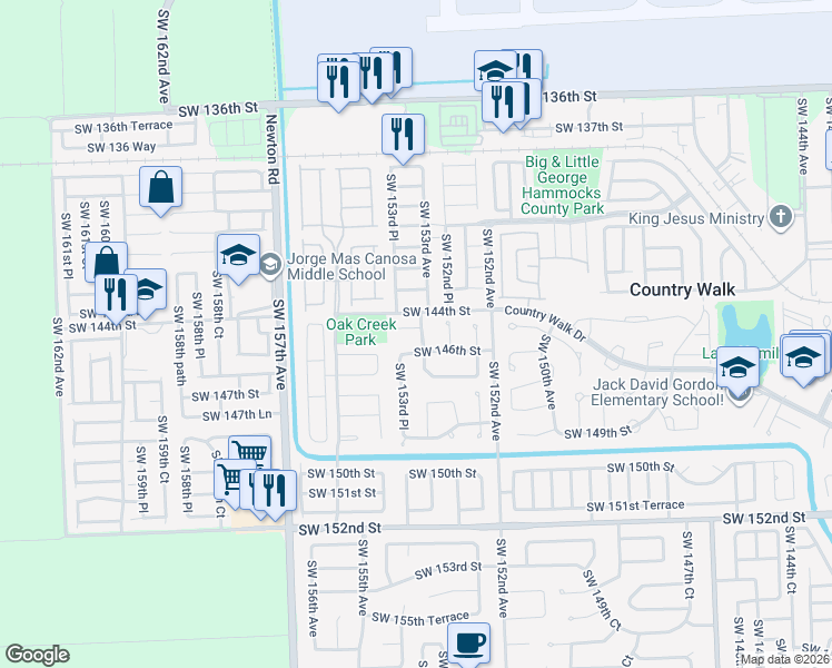 map of restaurants, bars, coffee shops, grocery stores, and more near 15328 Southwest 144th Terrace in Miami