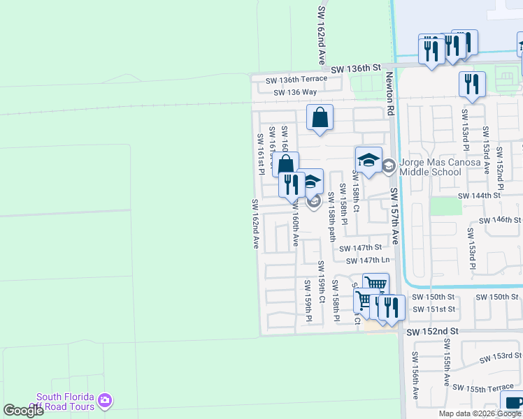 map of restaurants, bars, coffee shops, grocery stores, and more near 16151 Southwest 144th Terrace in Miami