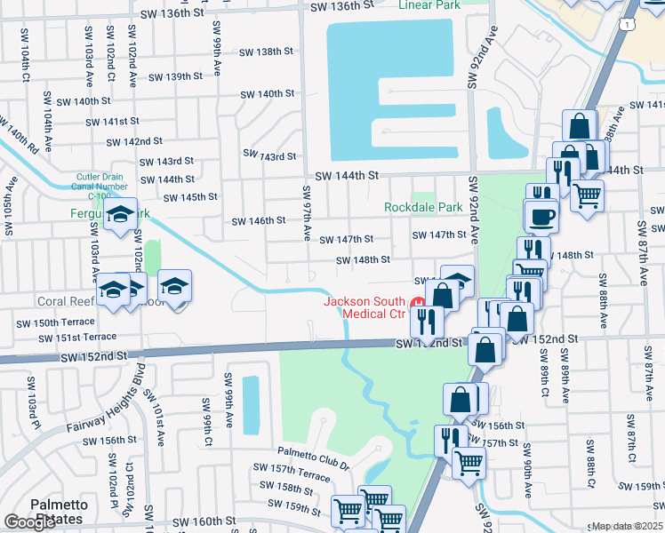 map of restaurants, bars, coffee shops, grocery stores, and more near 14800 Southwest 95th Court in Miami