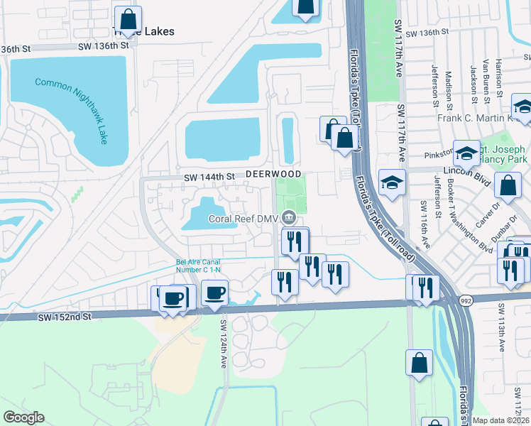 map of restaurants, bars, coffee shops, grocery stores, and more near 14692 Southwest 122nd Place in Miami