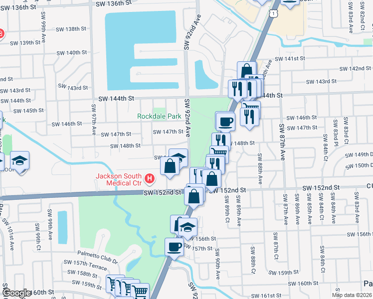 map of restaurants, bars, coffee shops, grocery stores, and more near 14820 Southwest 92nd Avenue in Miami
