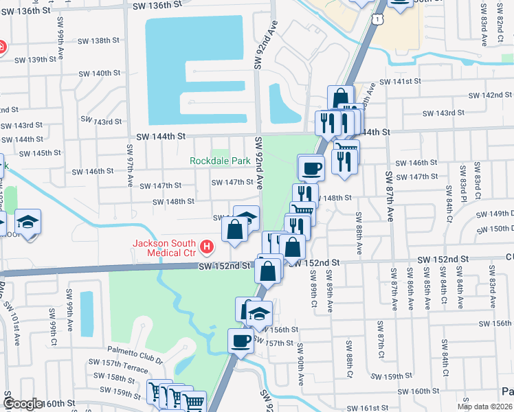 map of restaurants, bars, coffee shops, grocery stores, and more near 14820 Southwest 92nd Avenue in Miami