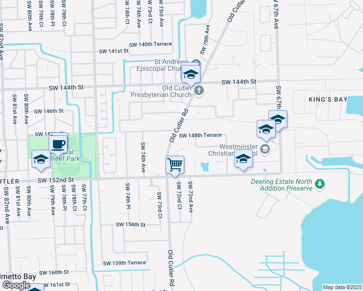 map of restaurants, bars, coffee shops, grocery stores, and more near 14901 Southwest 72nd Court in Palmetto Bay