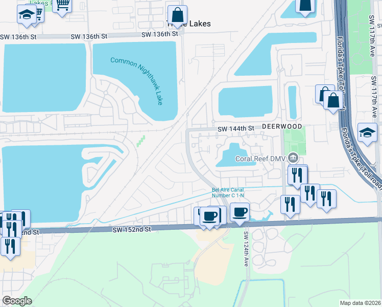 map of restaurants, bars, coffee shops, grocery stores, and more near 14625 Southwest 127th Court in Miami