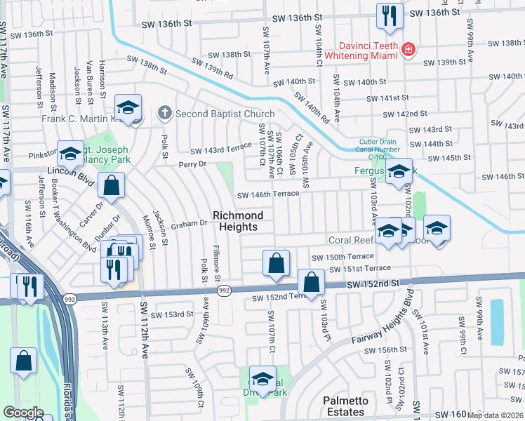 map of restaurants, bars, coffee shops, grocery stores, and more near 10711 Southwest 148th Street in Miami