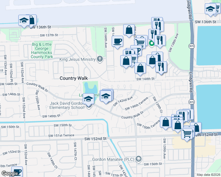 map of restaurants, bars, coffee shops, grocery stores, and more near 14523 Southwest 145th Lane in Miami