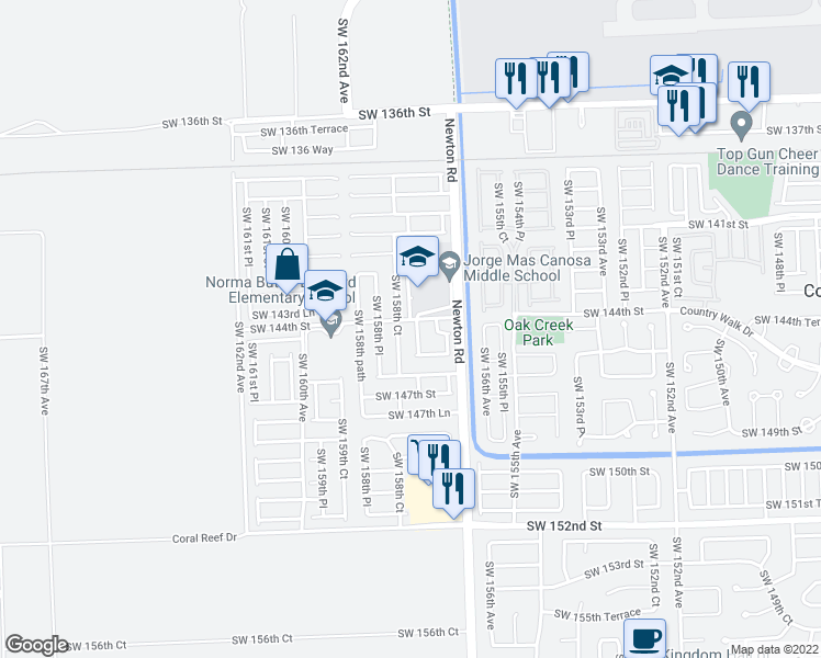 map of restaurants, bars, coffee shops, grocery stores, and more near 14418 Southwest 157th path in Miami