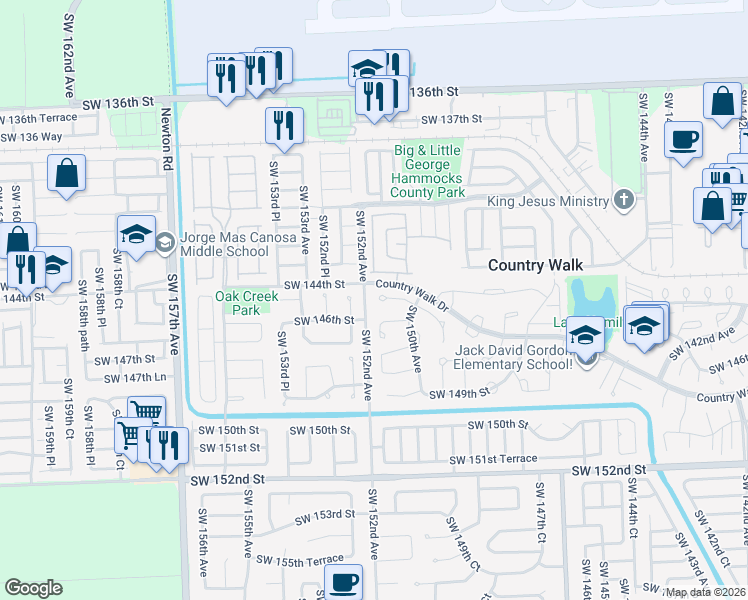 map of restaurants, bars, coffee shops, grocery stores, and more near 15140 Southwest 145th Street in Miami