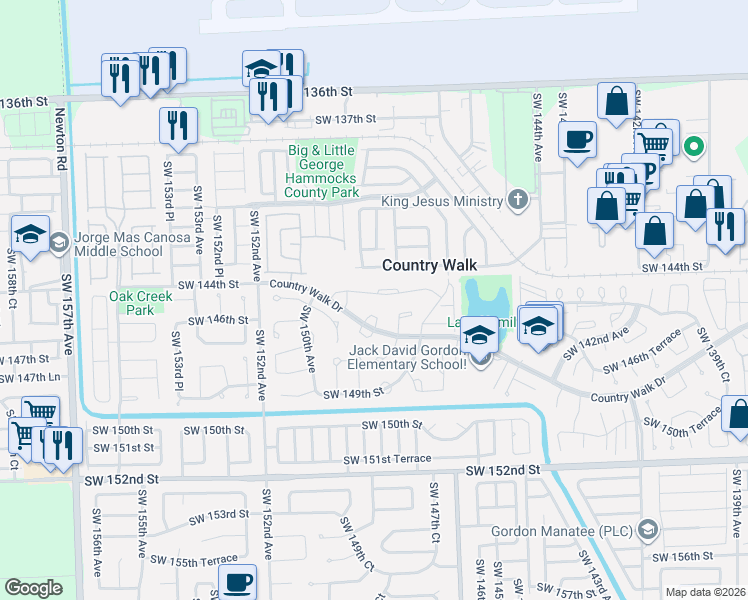 map of restaurants, bars, coffee shops, grocery stores, and more near 14510 Southwest 148th Court in Miami