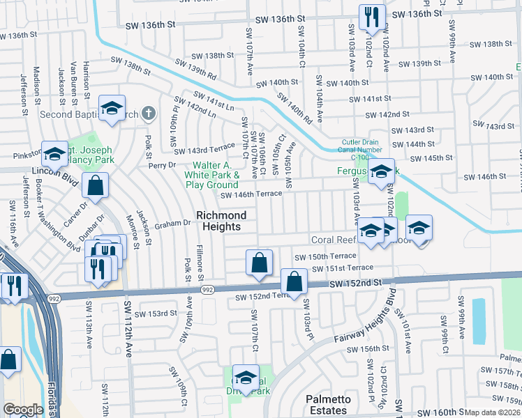 map of restaurants, bars, coffee shops, grocery stores, and more near 14721 Southwest 106th Avenue in Miami